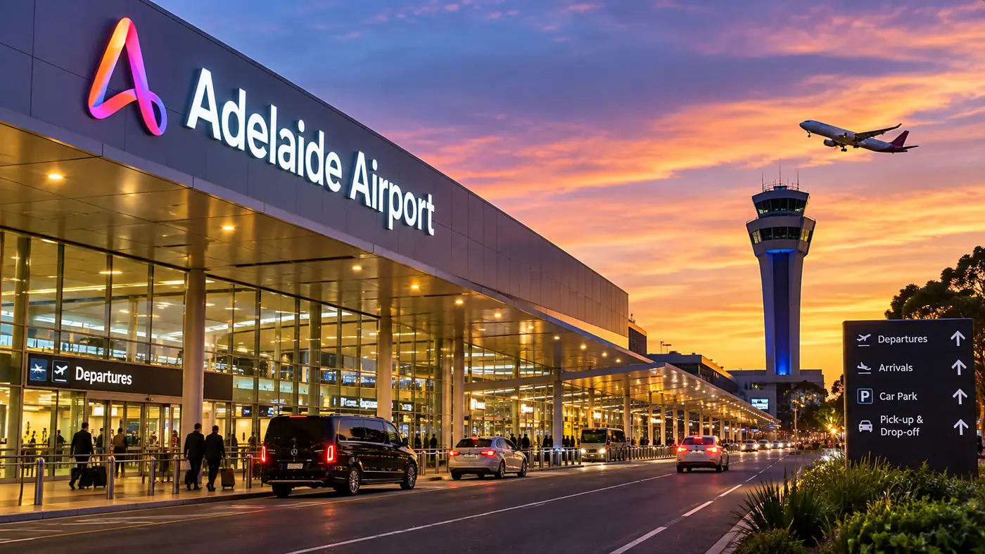 Chauffeured Mercedes V-Class waiting at Adelaide Airport departures at sunset