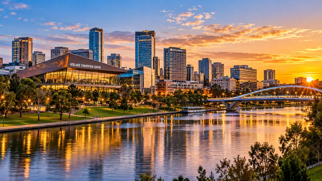 Adelaide CBD skyline and the Adelaide Convention Centre reflected in the River Torrens at sunset