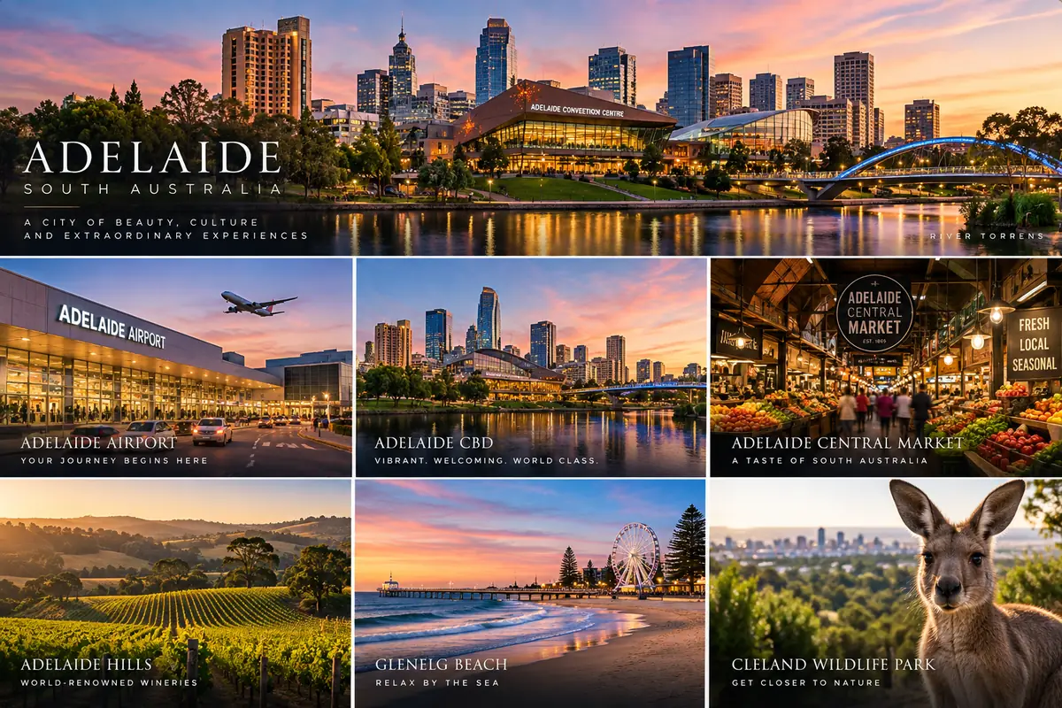 Adelaide landmarks: Adelaide Airport, the CBD skyline, Adelaide Central Market, the Adelaide Hills vineyards, Glenelg Beach and Cleland Wildlife Park