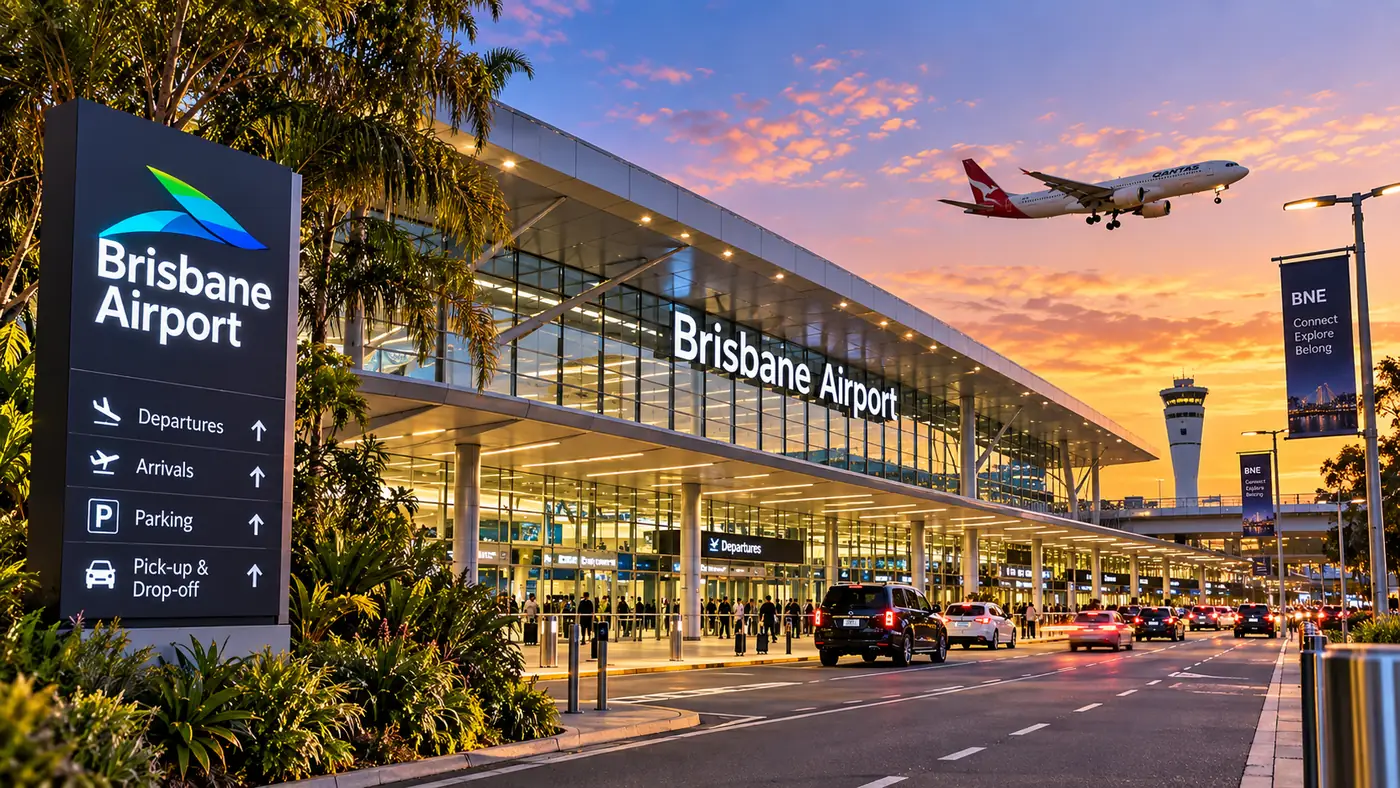 Brisbane Airport terminal at sunset with a chauffeured vehicle at the kerb