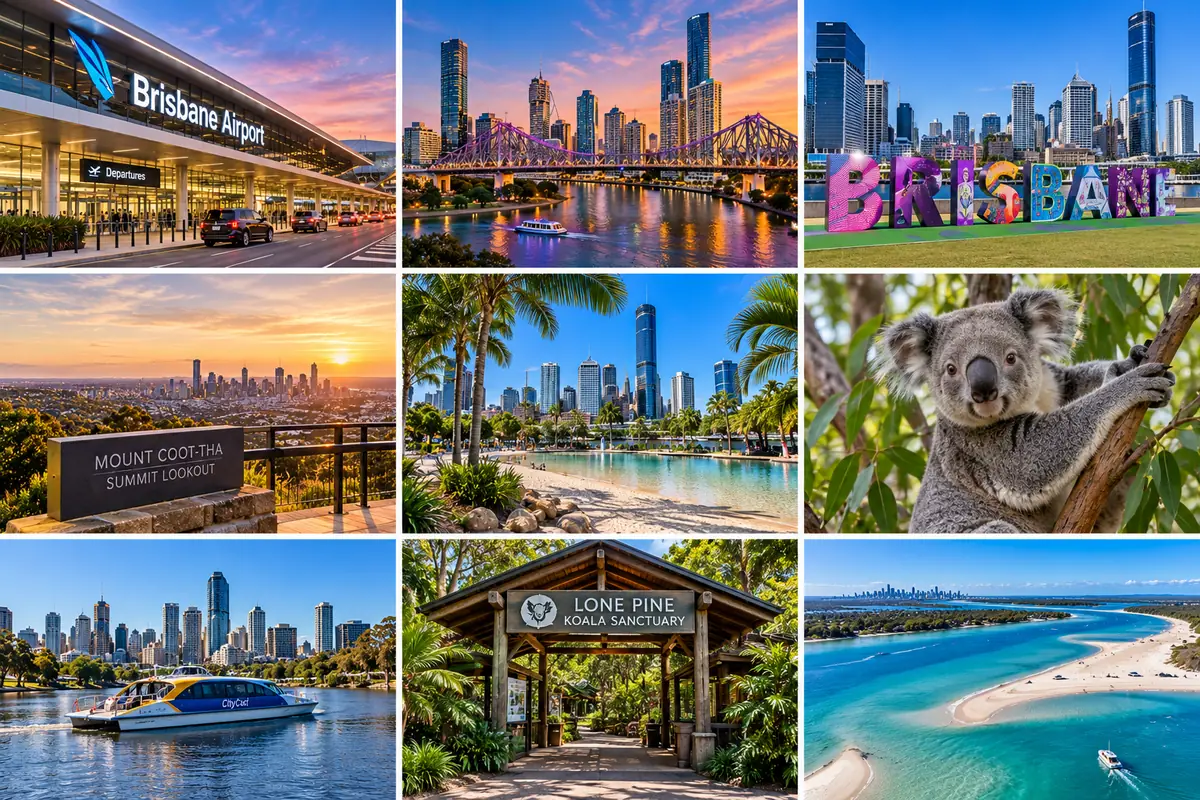 Brisbane landmarks: Brisbane Airport, the Story Bridge, the Brisbane sign, the Mount Coot-tha lookout, South Bank, a koala, a river CityCat, Lone Pine Koala Sanctuary and the Gold Coast