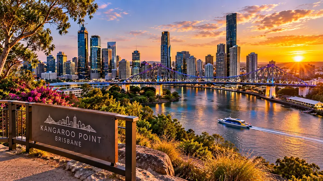 Brisbane city skyline and the Story Bridge at sunset from the Kangaroo Point cliffs