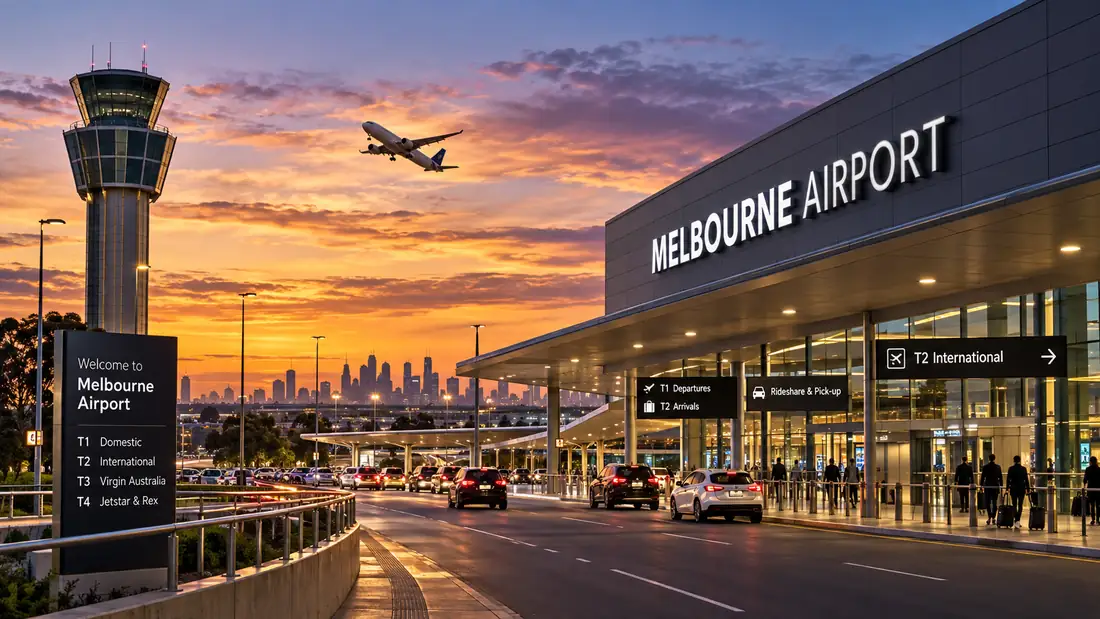 Melbourne Airport terminal entrance at sunset showing T1 to T4 signage