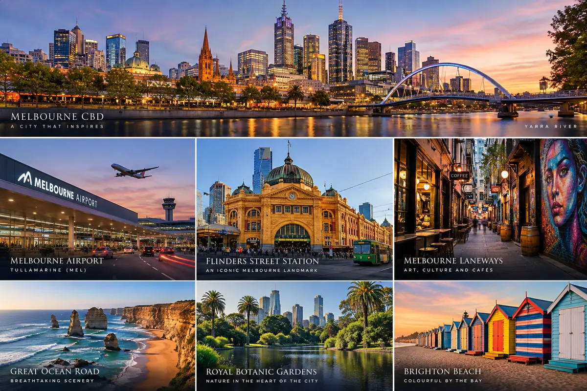 Melbourne landmarks: the CBD skyline, Melbourne Airport, Flinders Street Station, the laneways, the Great Ocean Road, the Royal Botanic Gardens and Brighton Beach bathing boxes