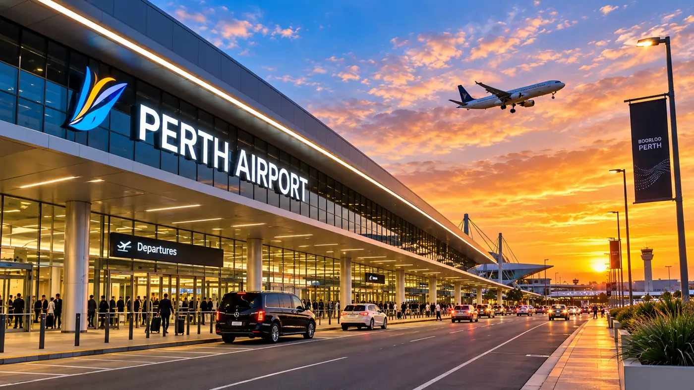 Chauffeured vehicle waiting outside Perth Airport departures at sunset