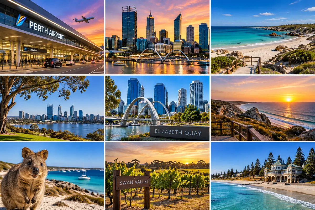 Perth landmarks: Perth Airport, the CBD skyline, Rottnest Island, Kings Park, Elizabeth Quay, the coast at sunset, a quokka, the Swan Valley vineyards and Cottesloe Beach