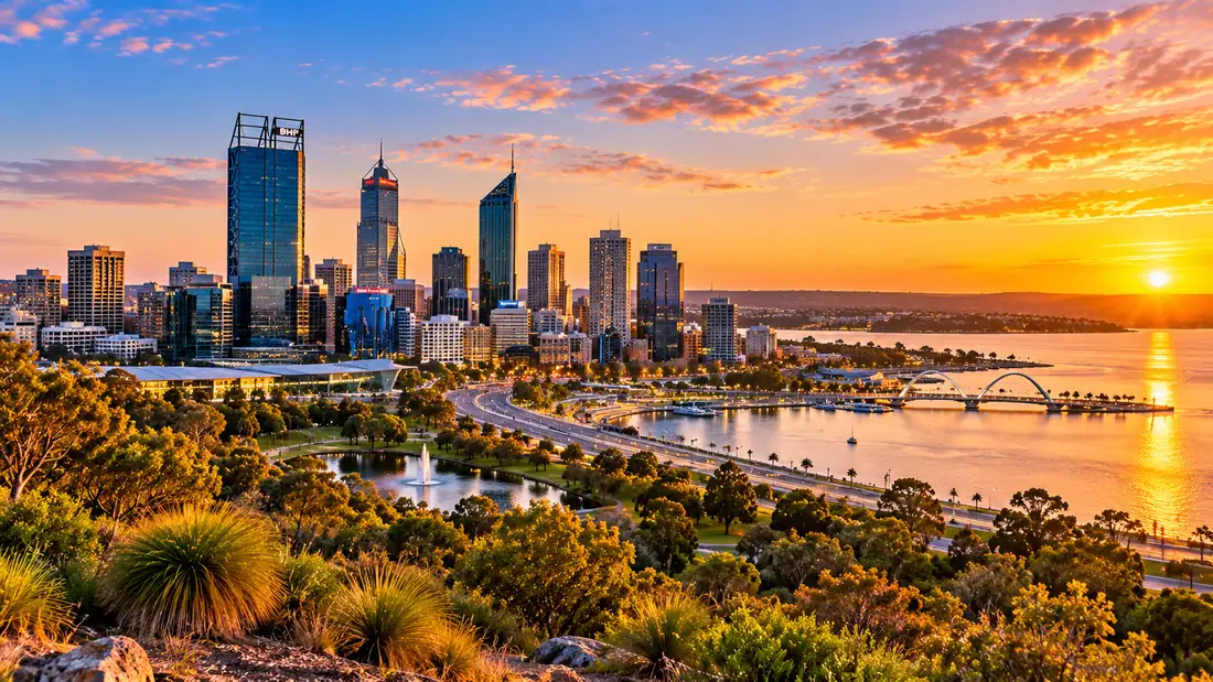 Perth city skyline and the Swan River at sunset, seen from Kings Park