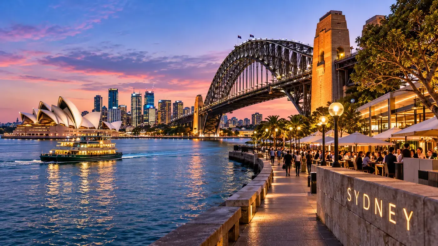 Sydney Opera House and Harbour Bridge from Circular Quay at sunset