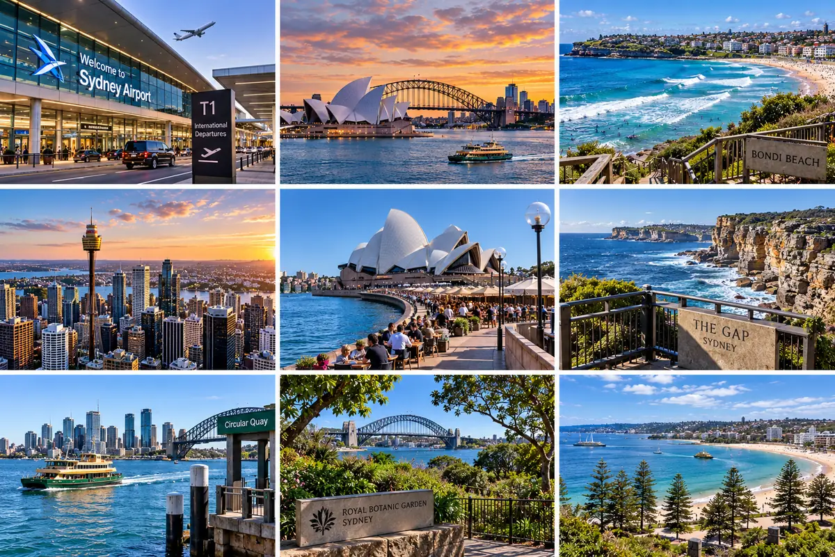 Sydney landmarks: Sydney Airport T1, the Opera House and Harbour Bridge, Bondi Beach, the city skyline, the Opera House steps, The Gap, a Circular Quay ferry, the Royal Botanic Garden and Manly