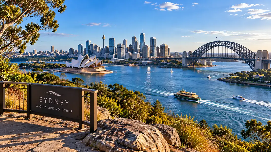 Panorama of Sydney Harbour with the Opera House, Harbour Bridge and city skyline