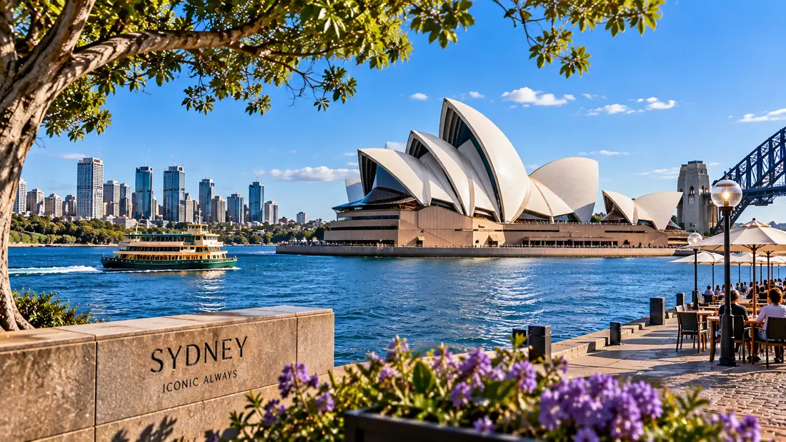 The Sydney Opera House seen from Circular Quay with jacaranda in bloom